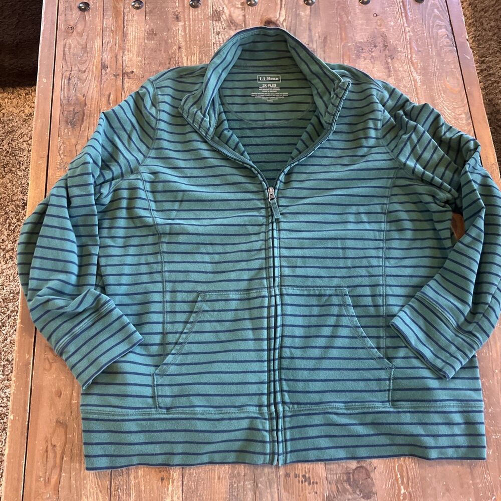 LL Bean Women's Ultrasoft Sweats Full Zip Mock Neck Jacket Stripe Navy Green 2XL